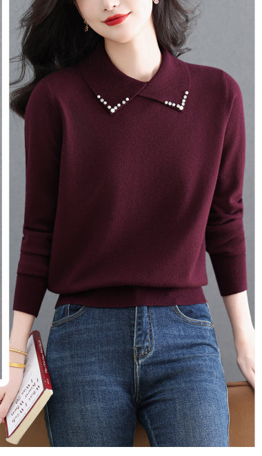 Women's Long Sleeve Sweater Lapel Collar Pullover Tops - LAI MENG FIVE CATS