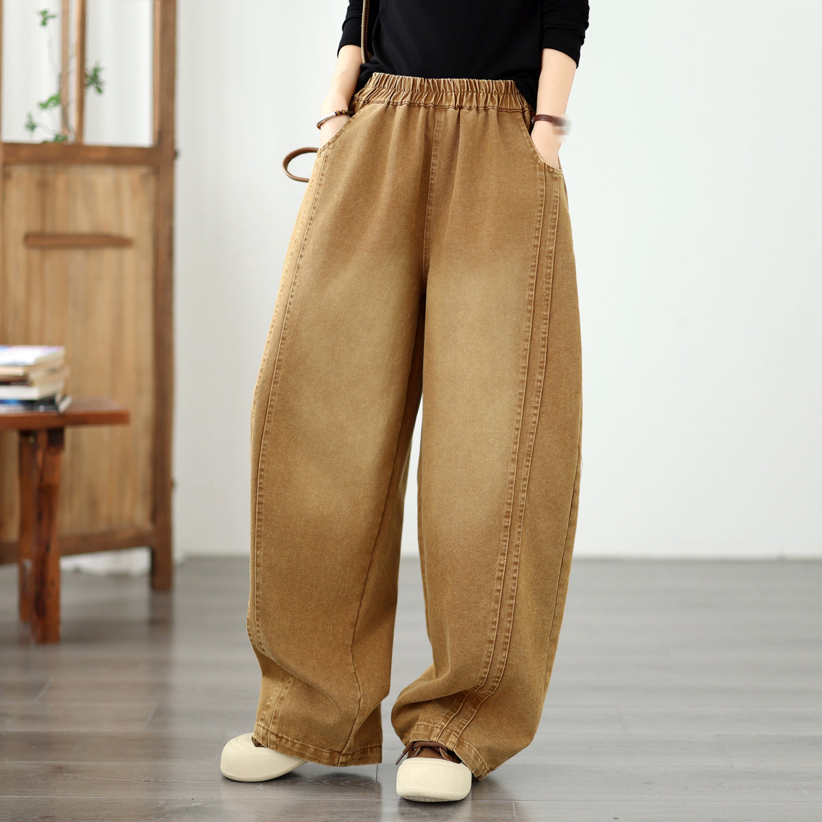 Vintage Khaki Denim Barrel Pants | Wide-Leg Lantern Fit & Elastic Waist