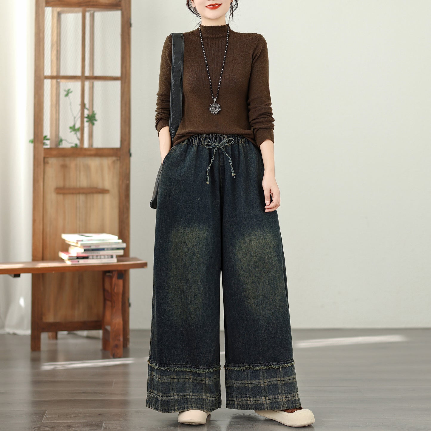 Women's Denim Wide Leg Baggy Jeans Drawstring Waist Pants - LAI MENG FIVE CATS
