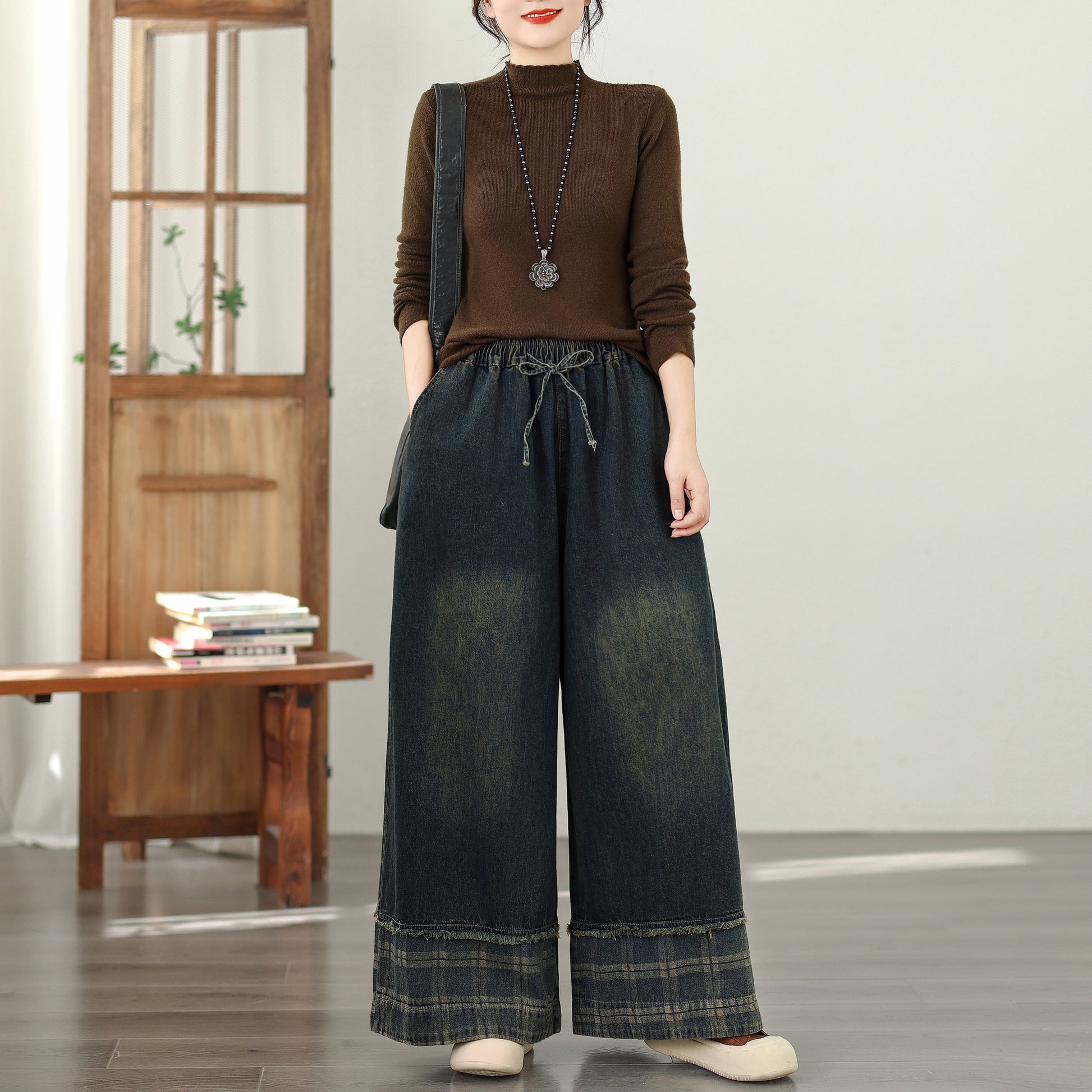 Women's Denim Wide Leg Baggy Jeans Drawstring Waist Pants - LAI MENG FIVE CATS