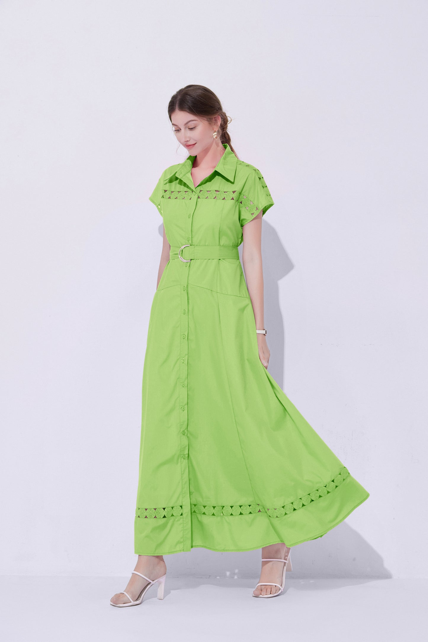 Women's Collar Hollow Cap Sleeve  Maxi Dress