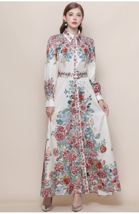 Women's Floral Print Button Maxi Dress With Belts