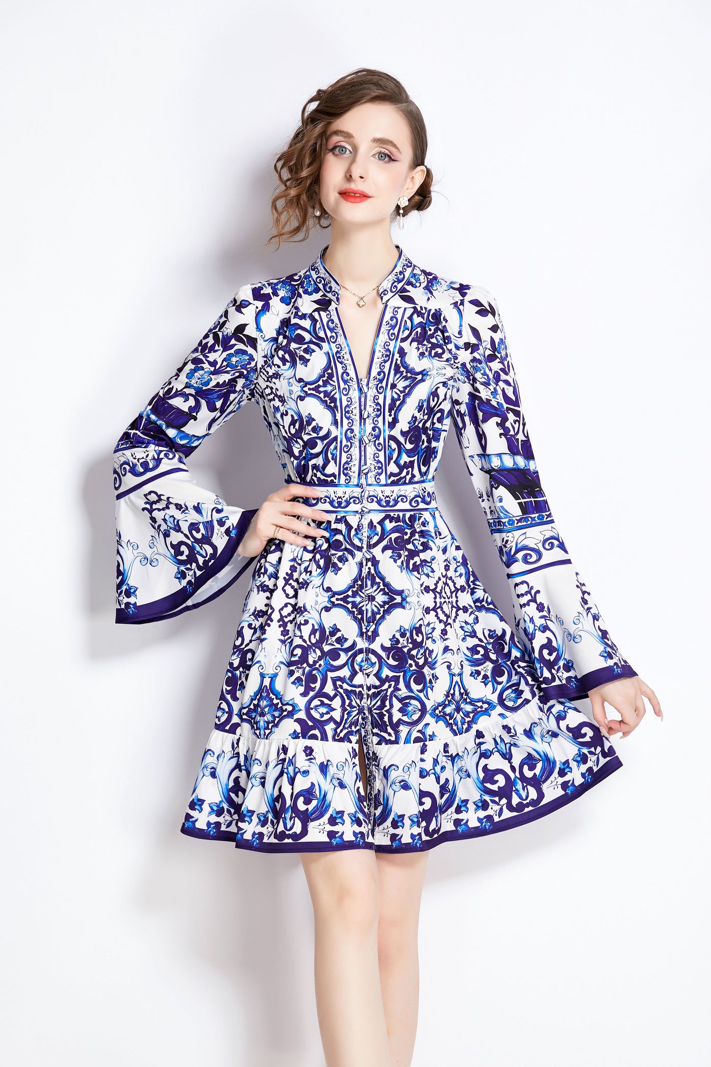 Women's Floral Print V-neck Bell Sleeve Button Up Casual Mini Dress