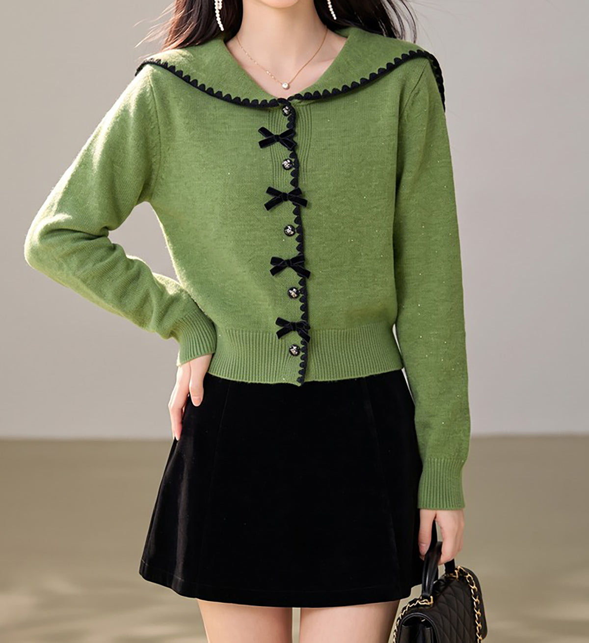 28700 Green Sailor Collar Button-Front Knit Cardigan