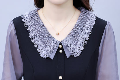 Women's Peter Pan Collar Long Sleeve Pocket Midi Dress