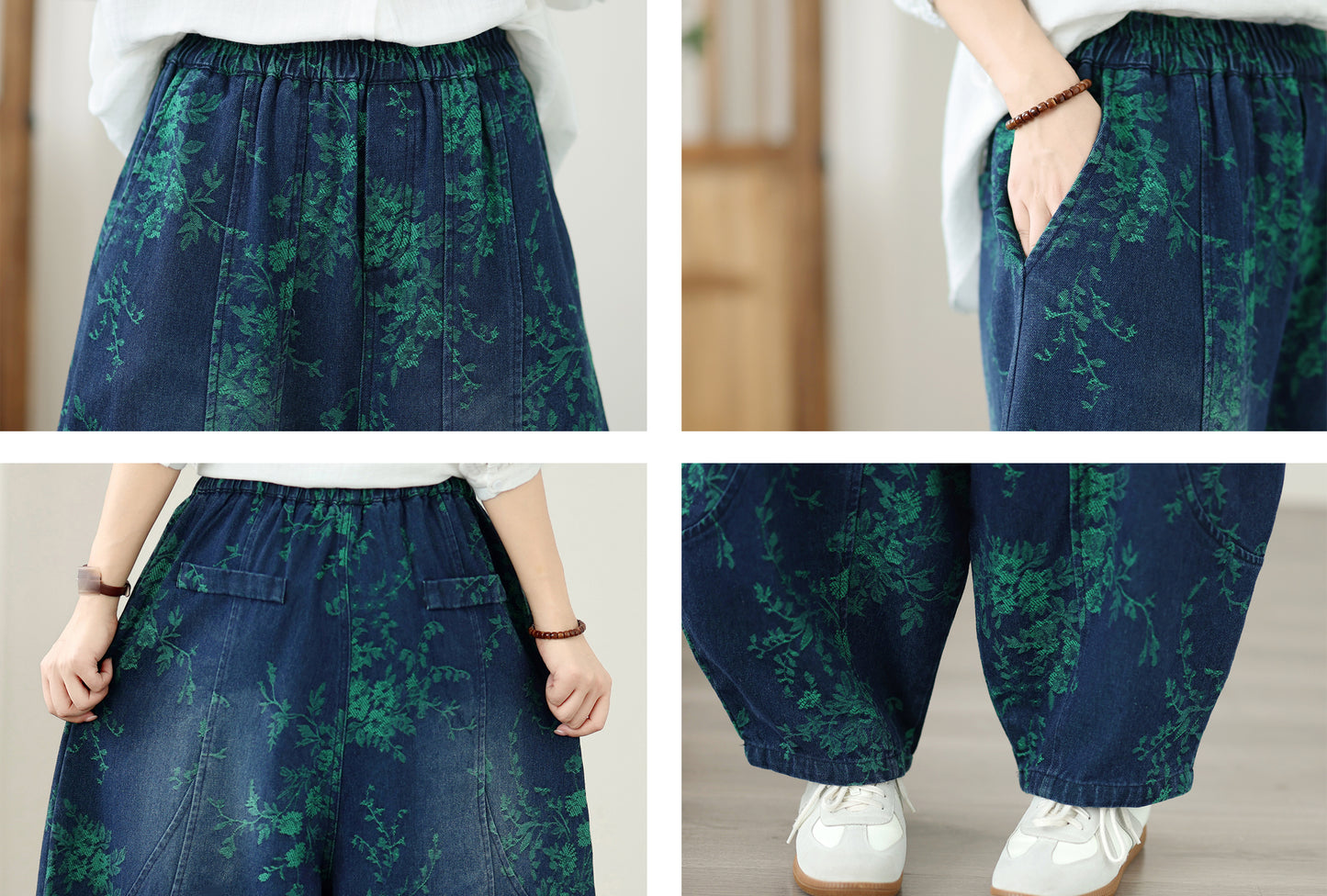 Vintage Print Denim Jeans for Women - High-Waisted, Loose-Fit Harem Pants