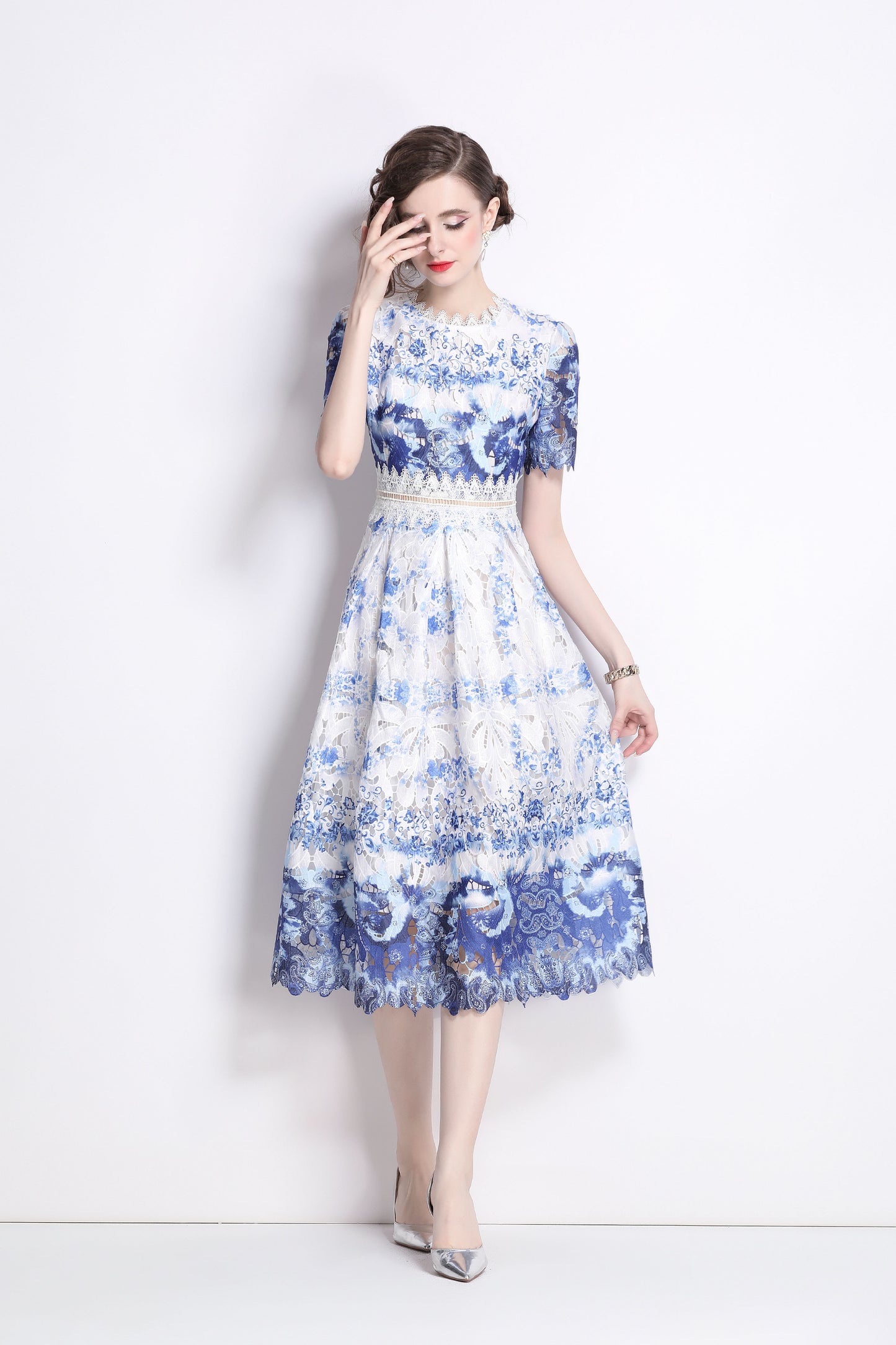 Women's Lace Floral Short Sleeve Crochet Waist Cocktail Midi Dress