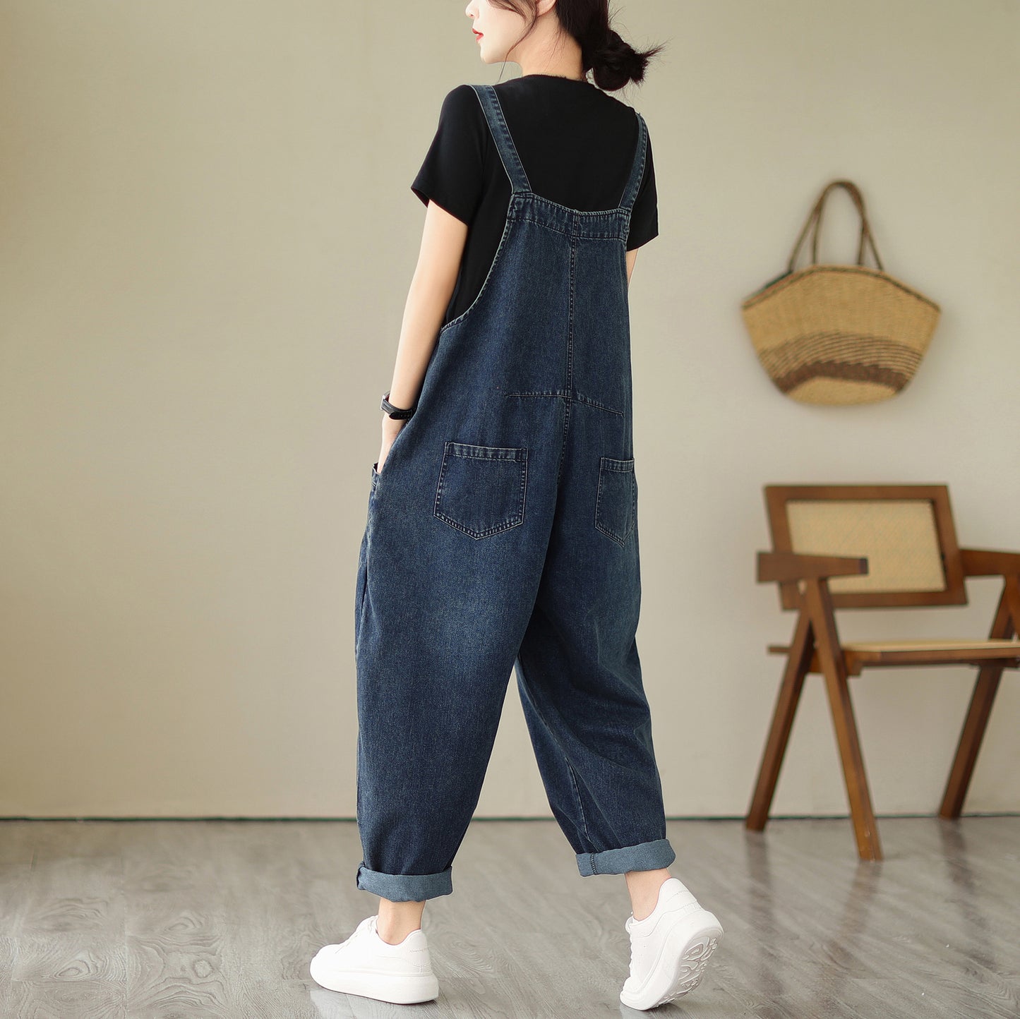 Stretchy Loose Bib Overalls with Pockets