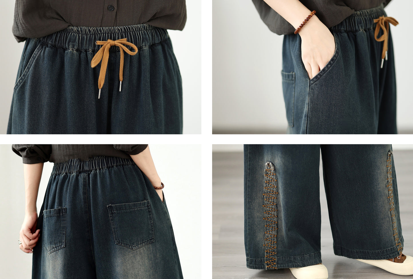 Vintage Washed Wide-Leg Jeans with Boho Embroidery