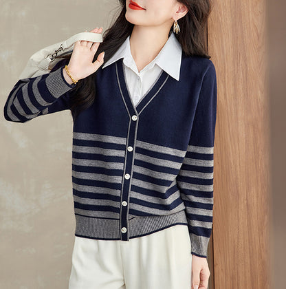 Women's Striped Sweater 2 in 1 Lapel Knit Pullover