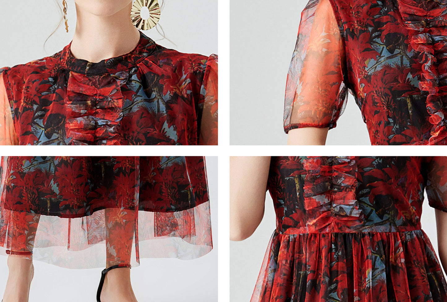 Red Vintage Mesh Stitching Midi Dress