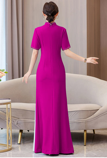 Women's Cheongsam Short Sleeve Qipao Long Dress