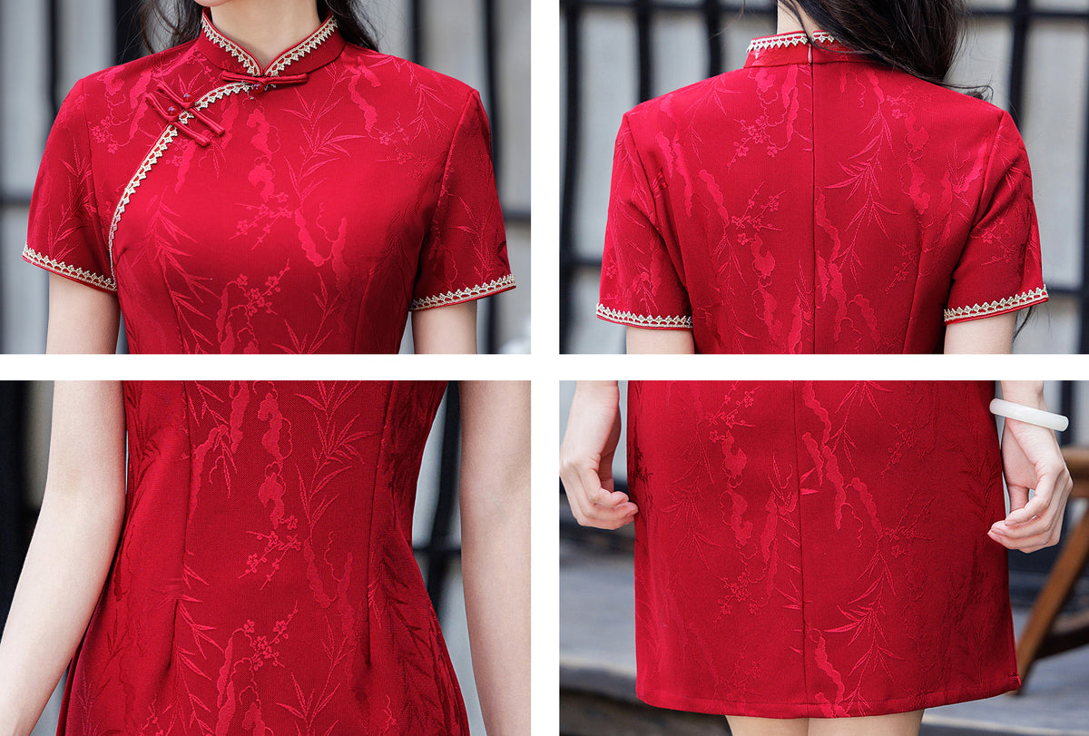 Women's Red Jacquard Cheongsam Mini Dress - Mandarin Collar Qipao Short Sleeve Chinese Dress
