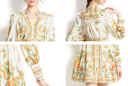 Women's Floral Print Button up Lantern Sleeve Casual A-line Mini Dress