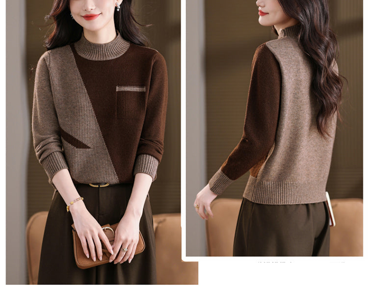 Women's Color Block Sweater Long Sleeve Ribbed Knit Tops