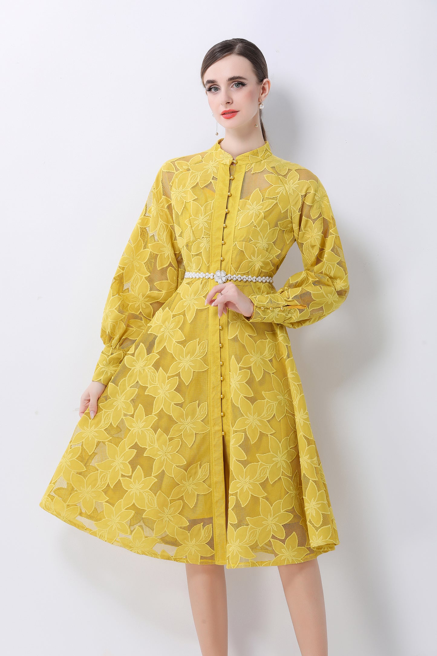 Women's Long Sleeve Eyelet Embroidery Button Midi Dress