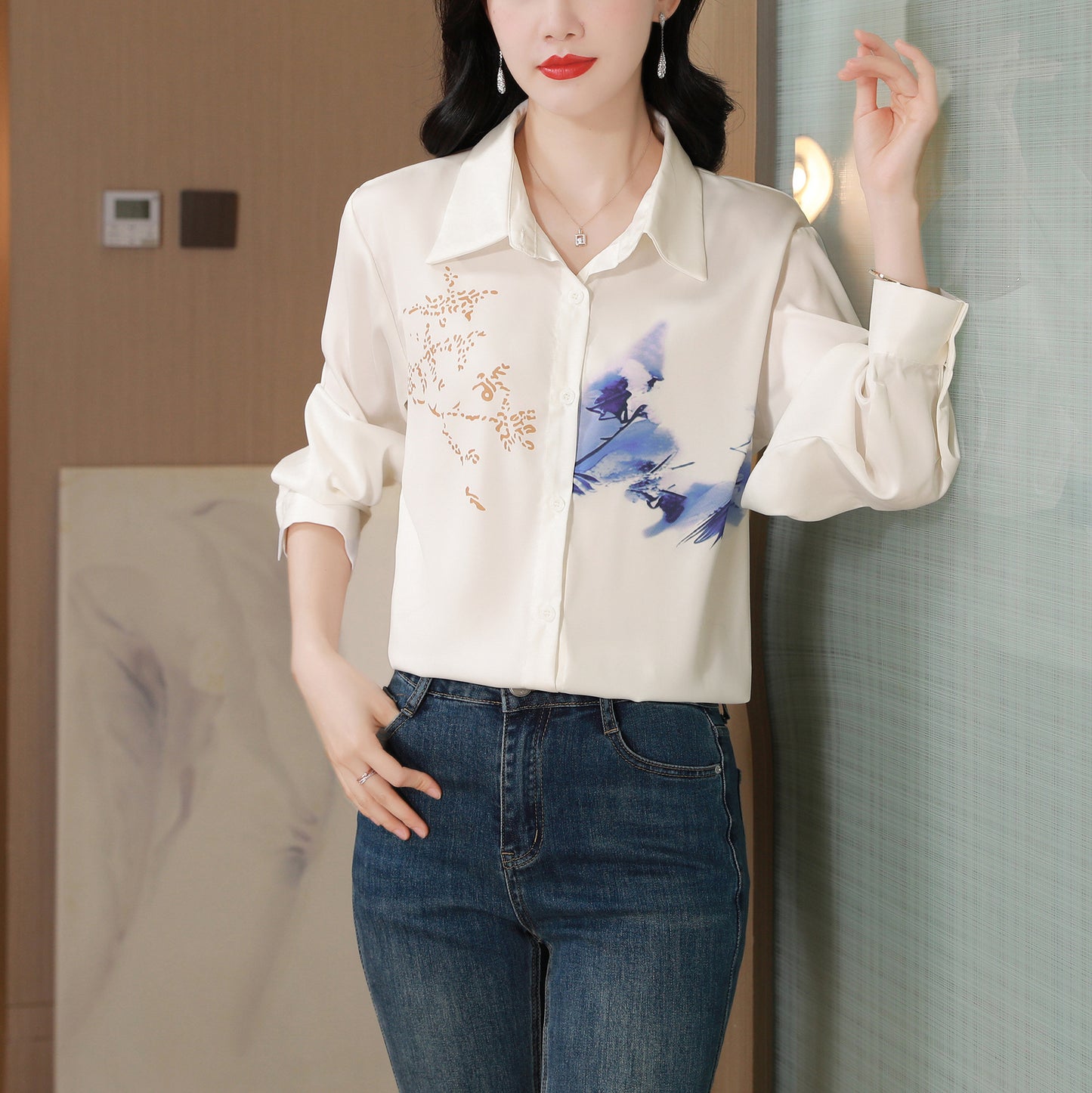 Women's Collared Floral Print Shirt Blouse Tops