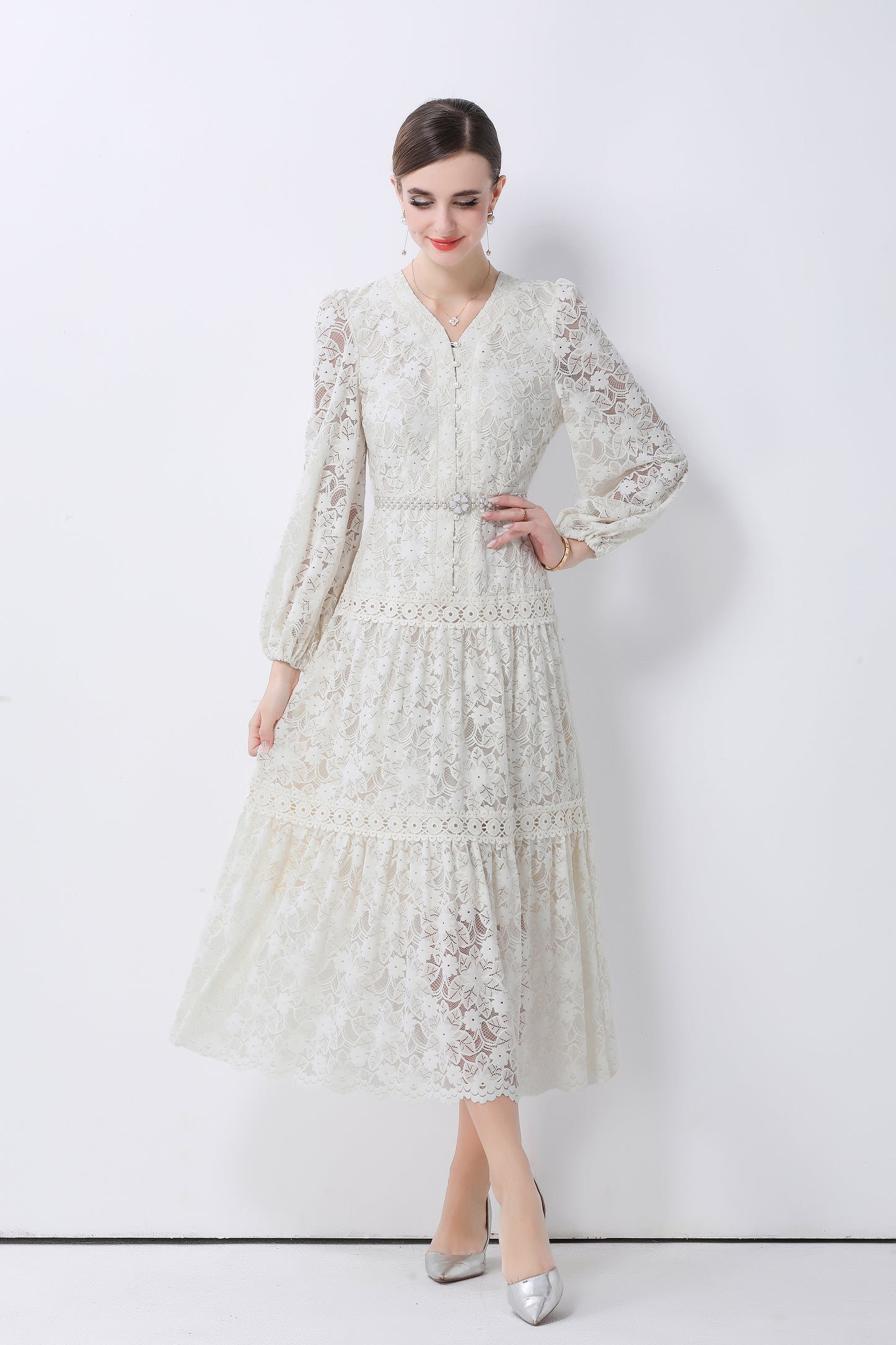 Women's V-Neck Puff Sleeves Button Lace Midi Dress