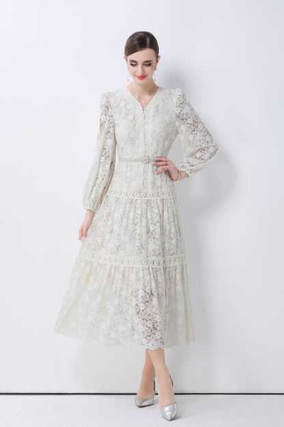 Women's V-Neck Puff Sleeves Button Lace Midi Dress