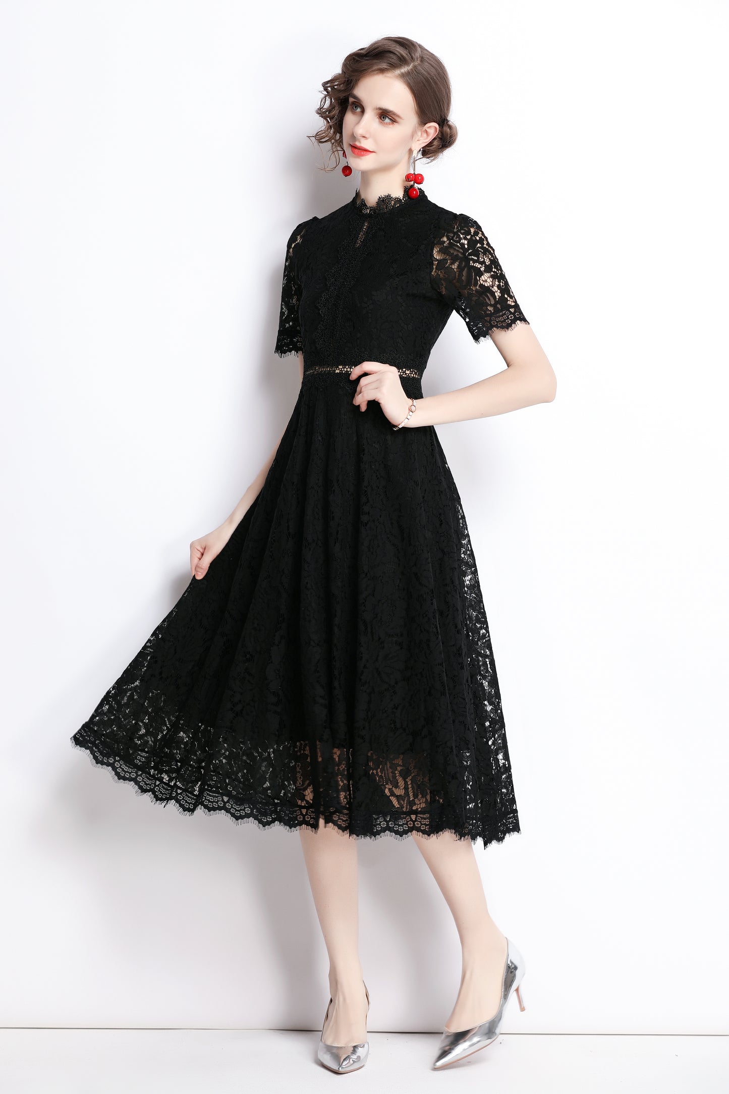 SSY-Women's Short Sleeve Lace Cocktail Midi Dress