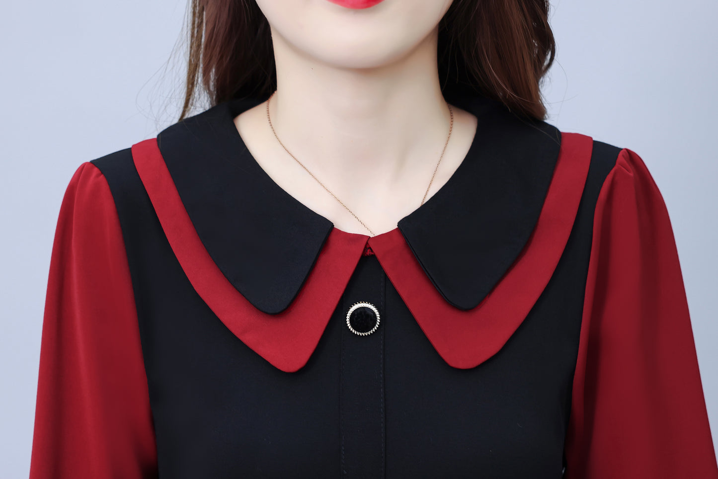 Women's Peter Pan Collar Long Sleeve Black Dress with Pocket