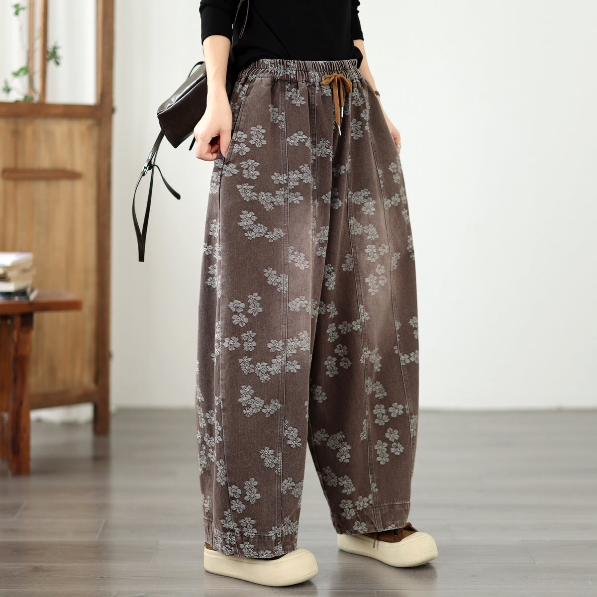 Vintage Floral Denim Harem Pants - Women's Loose Fit Boho Lantern Trousers