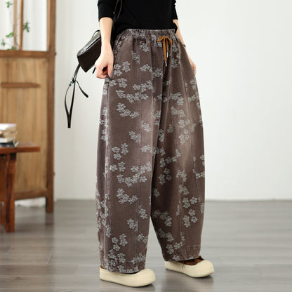 Vintage Floral Denim Harem Pants - Women's Loose Fit Boho Lantern Trousers