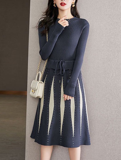 Women Stripe Crew Neck Drawstring Knit Dress