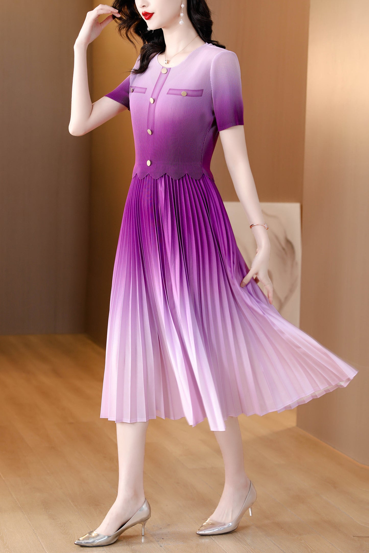 Purple Pleats Please Elastic Patchwork Dress