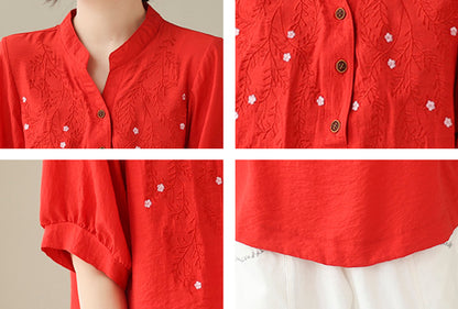 Red Embroidery Print Henley V Neck Linen Tunic Blouse