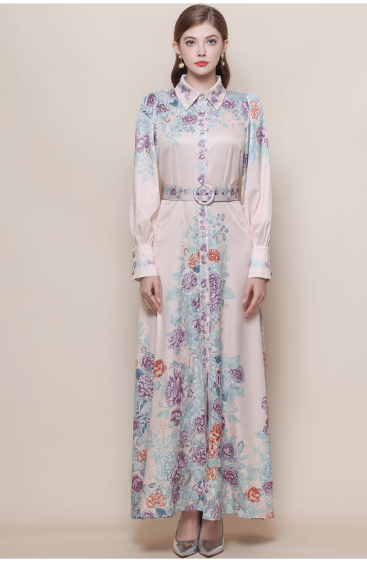 Women's Floral Print Button Maxi Dress With Belts