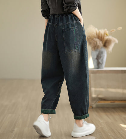 Women Loose Jeans Denim Pants Elastic Waist