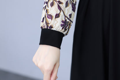 Women's V-Neck Long Sleeve Patchwork Black Dress
