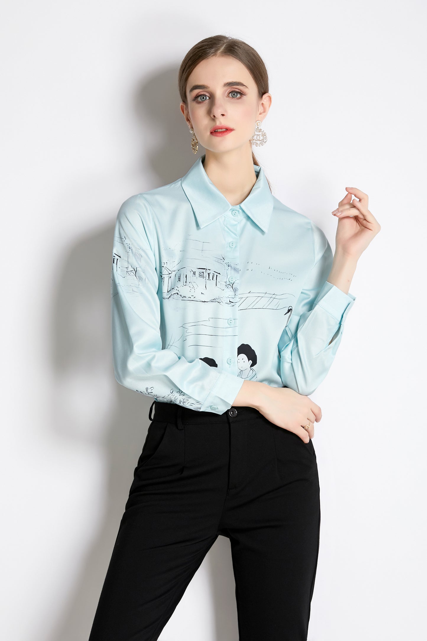 ESY-Women's Long Sleeve Lapel Collar Print Button Blouse