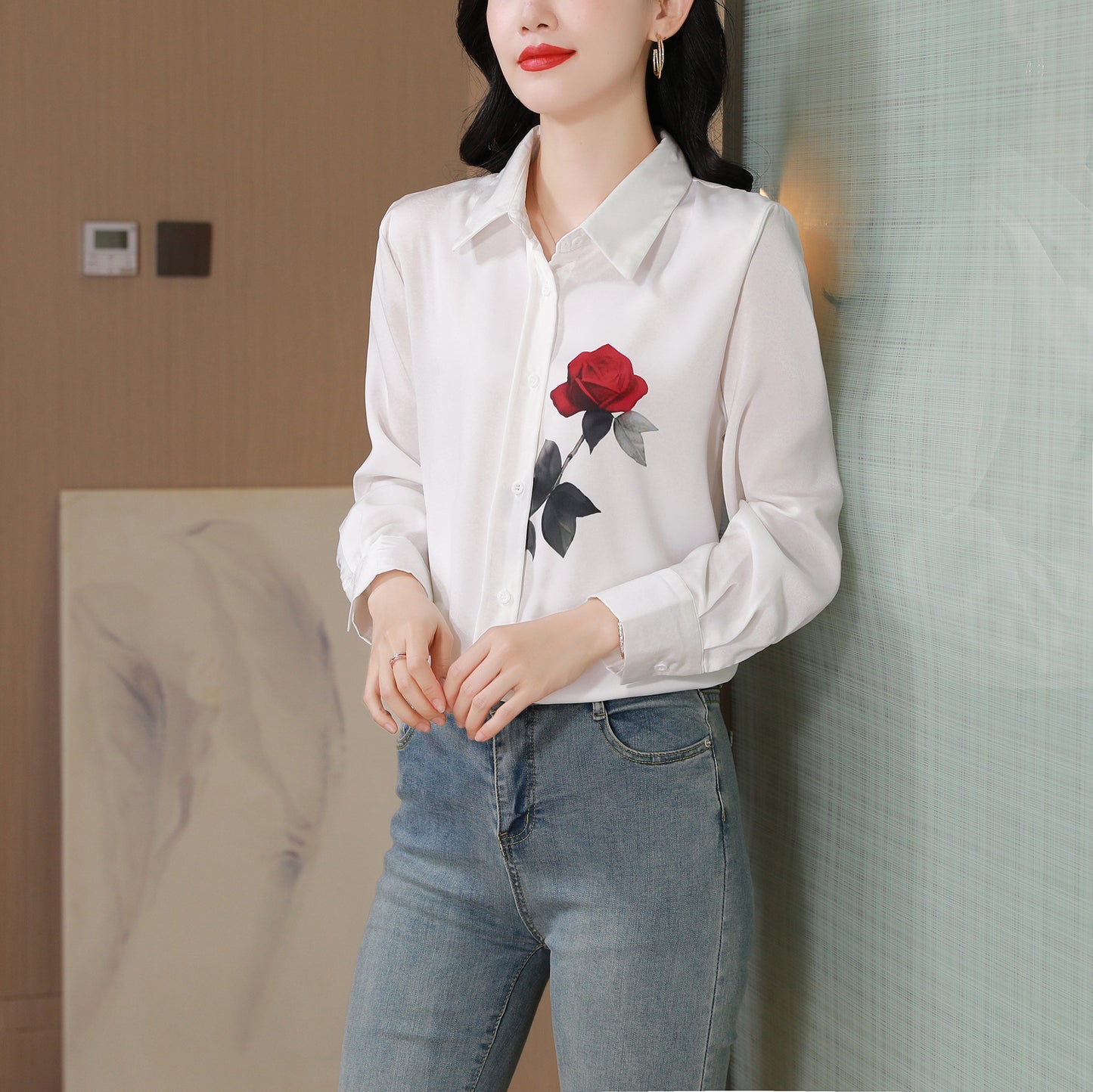 Women's Collared Floral Print Shirt Blouse Tops