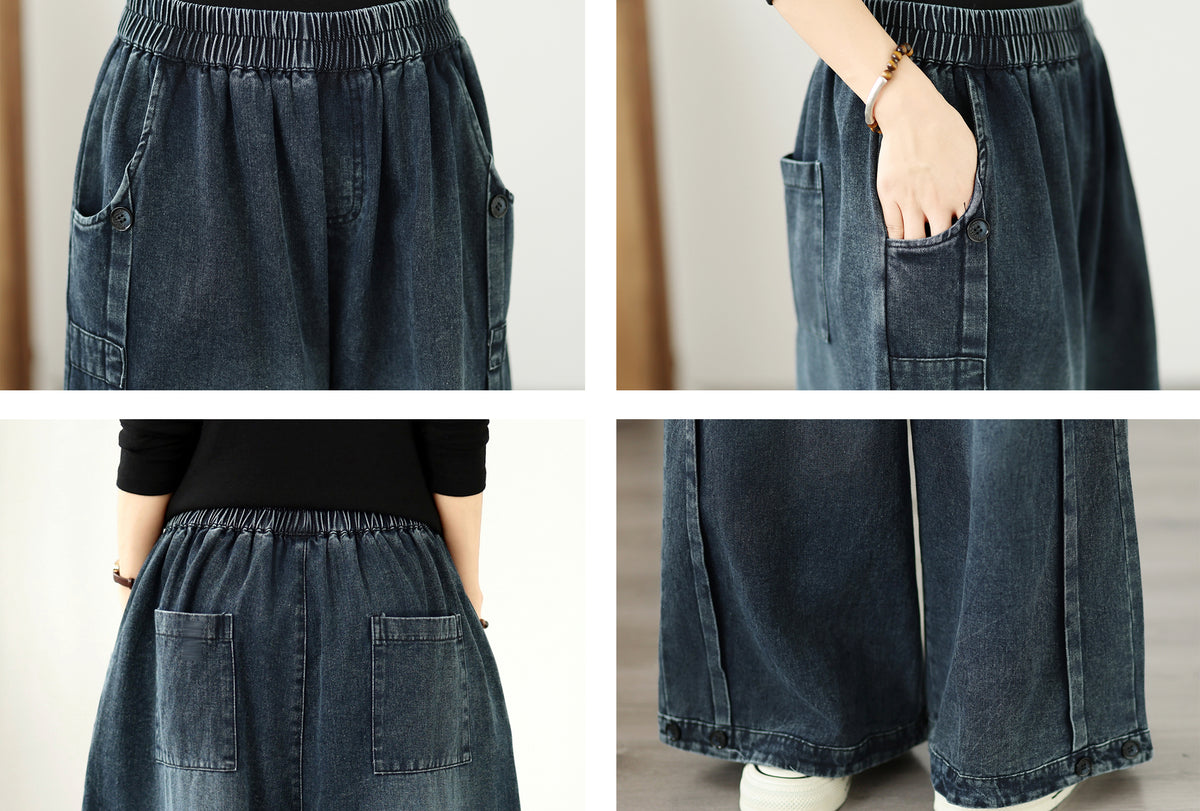 Vintage Wide Leg Pants - Women's Loose Fit Palazzo Trousers with Elastic Waist