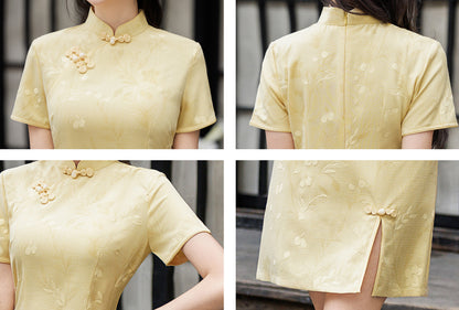Light Yellow Floral Jacquard Cheongsam Mini Dress Short Sleeve Chinese Dress