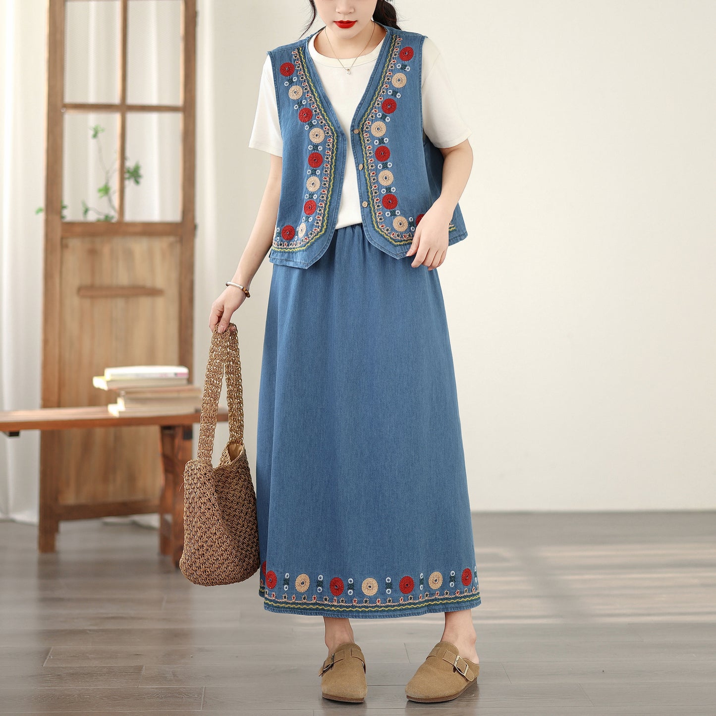 Women's Embroidered Elastic Waist Denim Jean Maxi Skirt Pocket - LAI MENG FIVE CATS