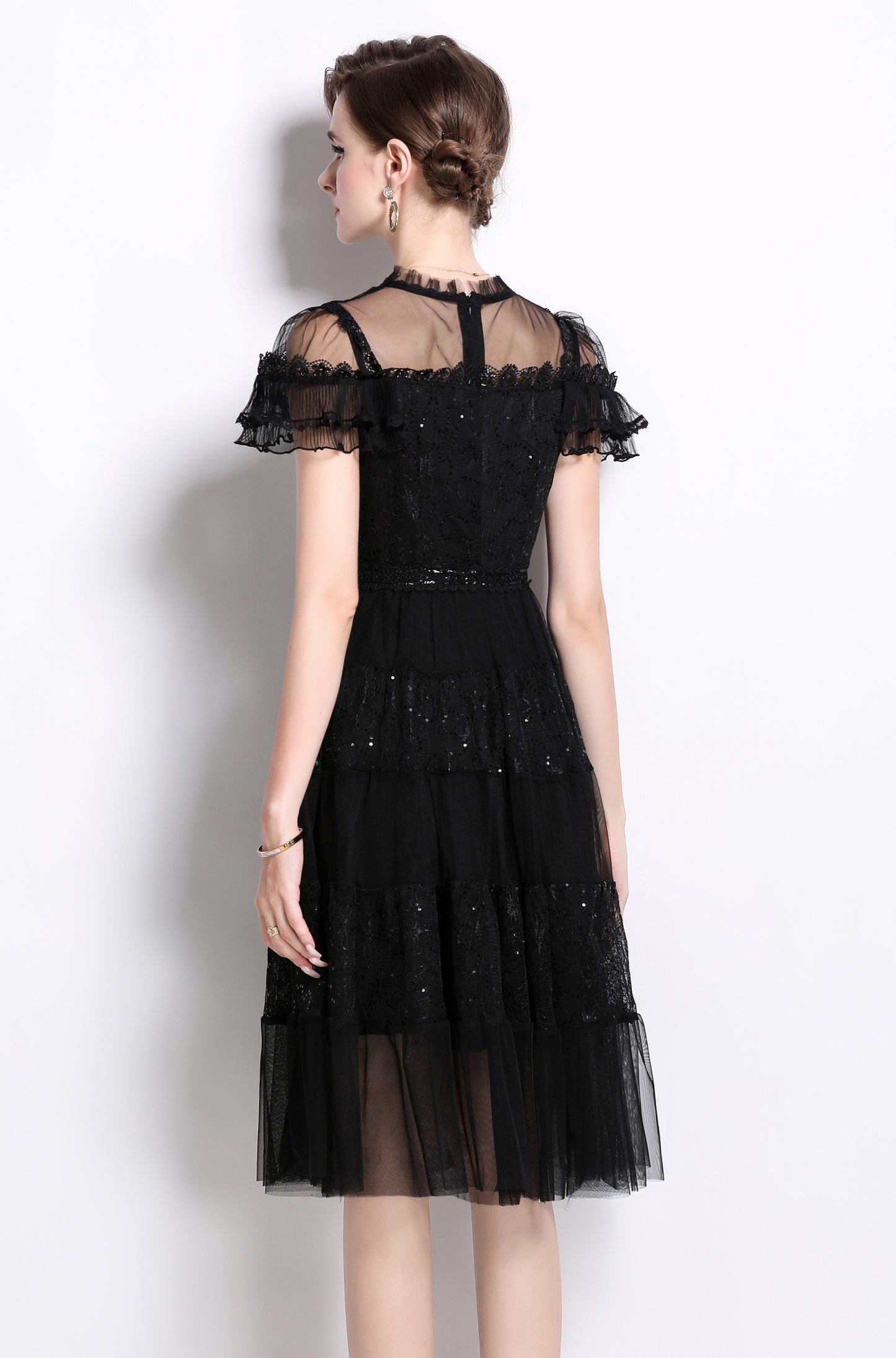 Sequin Lace Ruffle Midi Dress – Black