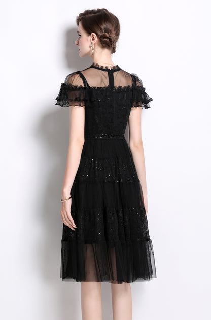 Sequin Lace Ruffle Midi Dress – Black