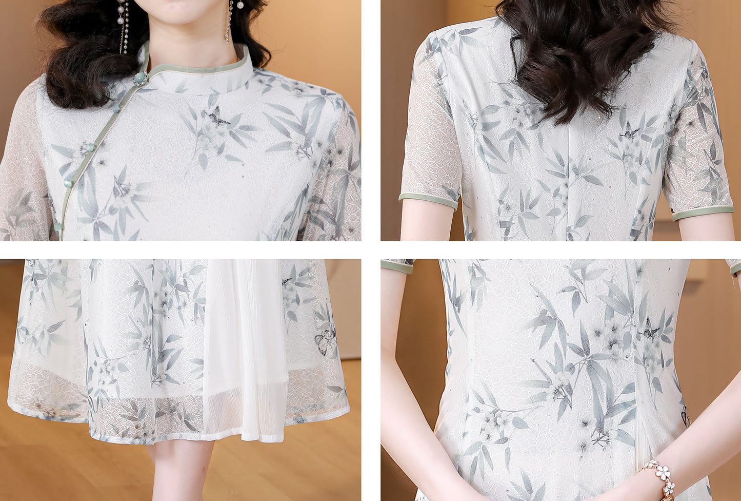 White Floral Cheongsam Fake Two Pieces Dress