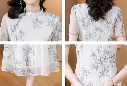 White Floral Cheongsam Fake Two Pieces Dress