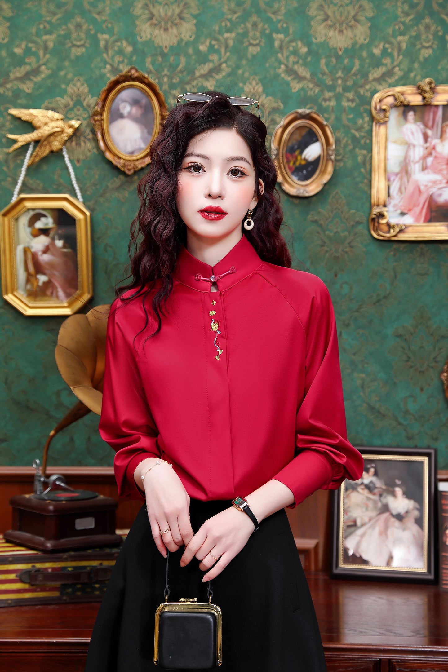 Women's Silk Satin Jacquard Long Sleeve Blouses