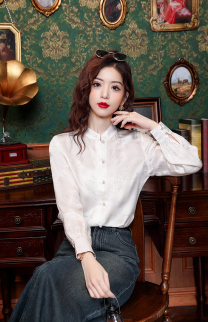 Women's Silk Satin Jacquard Long Sleeve Blouses