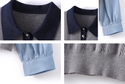 Color Block Cable Knit Polo Top – Faux Two-Piece Sweater Shirt