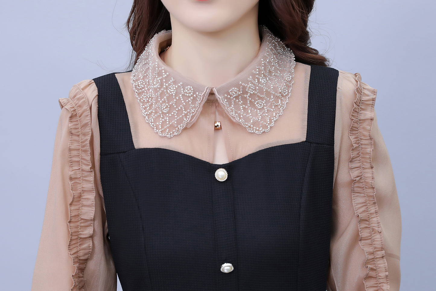 Women's Peter Pan Collar Long Sleeve Black Dress with Pocket