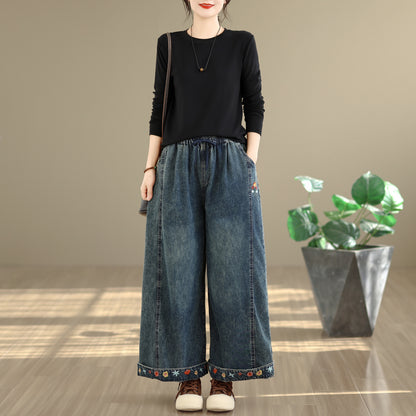 26-Women's Denim Wide Leg Baggy Elastic Waist  Jeans