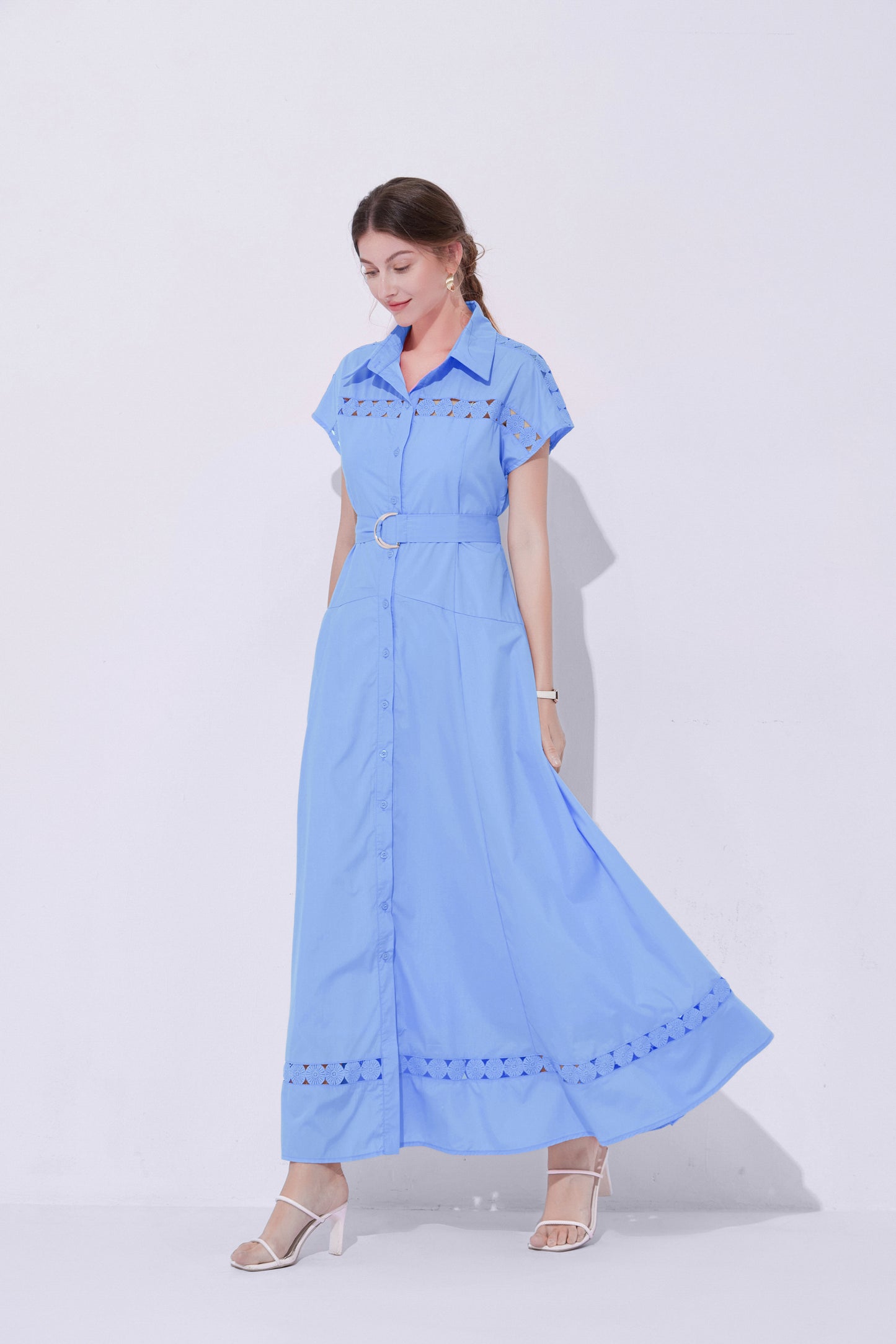 Women's Collar Hollow Cap Sleeve  Maxi Dress