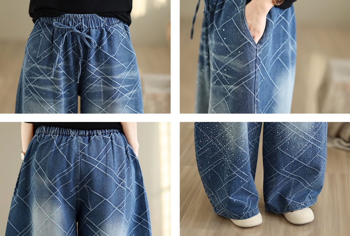 28672-Denim Wide Leg Pants with Diamond Lattice Print & Drawstring Waist