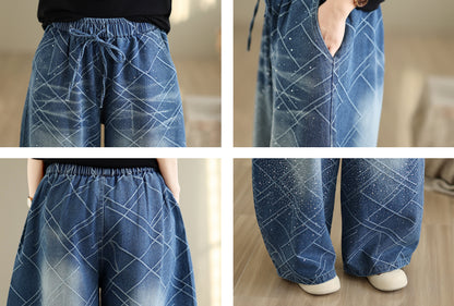 28672-Denim Wide Leg Pants with Diamond Lattice Print & Drawstring Waist